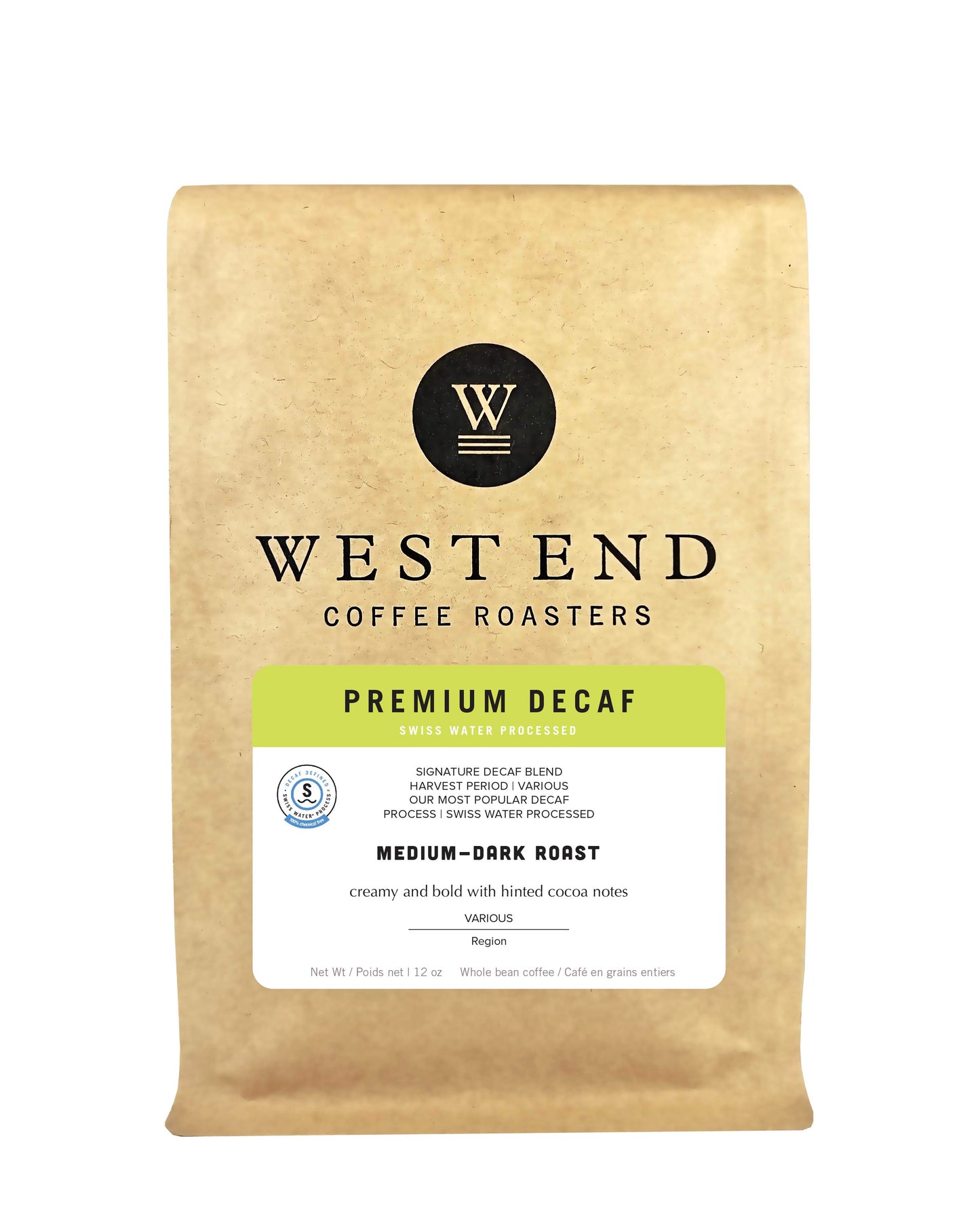 Premium Decaf - medium to dark roast - West End Coffee Roasters