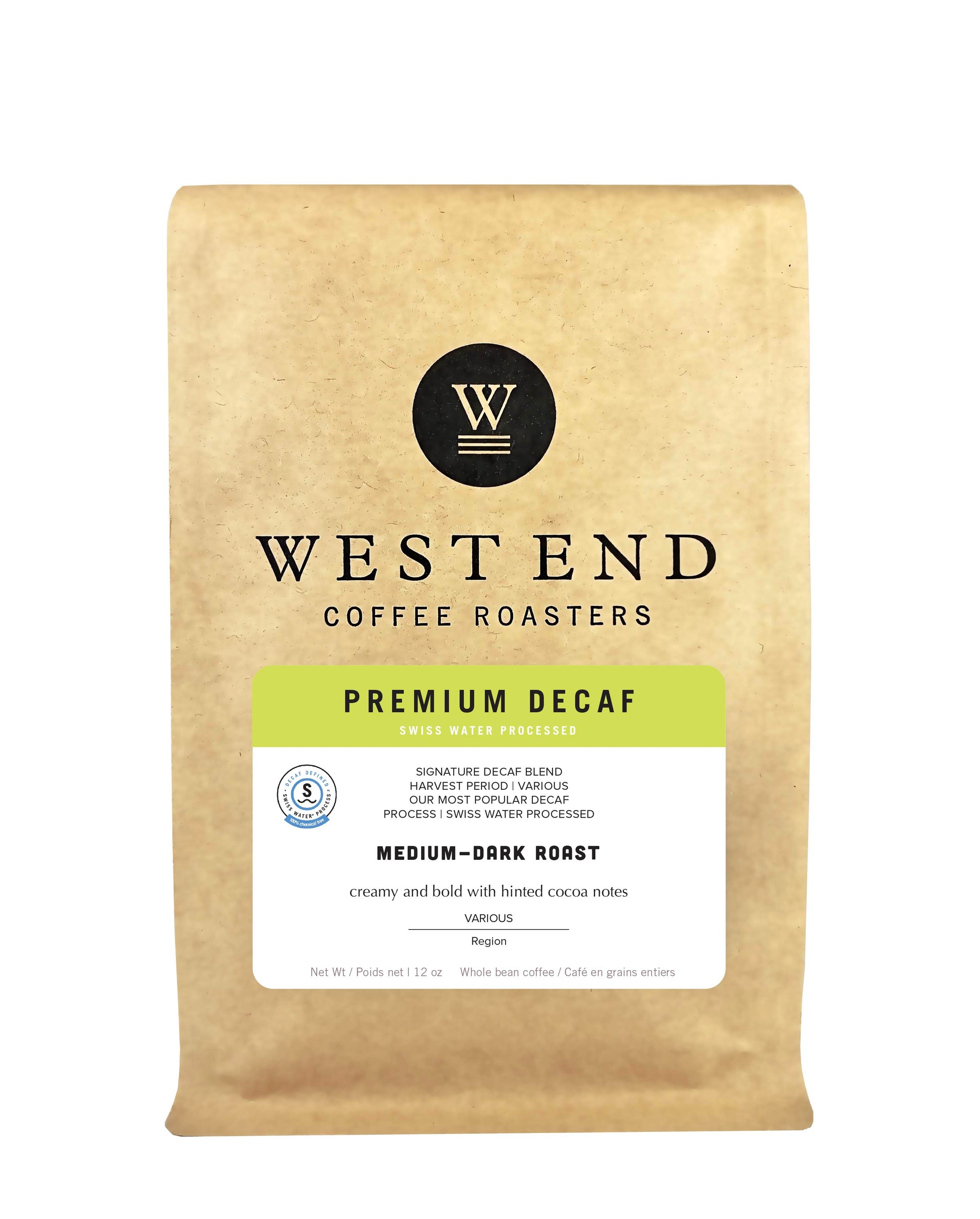 Premium Decaf - medium to dark roast - West End Coffee Roasters